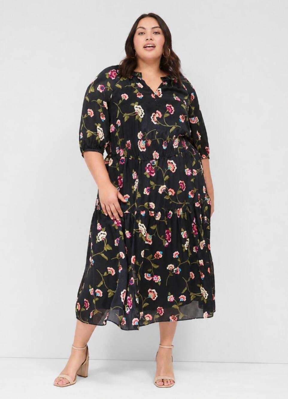Lane Bryant Satin Floral Midi Dress Navy Blue 24